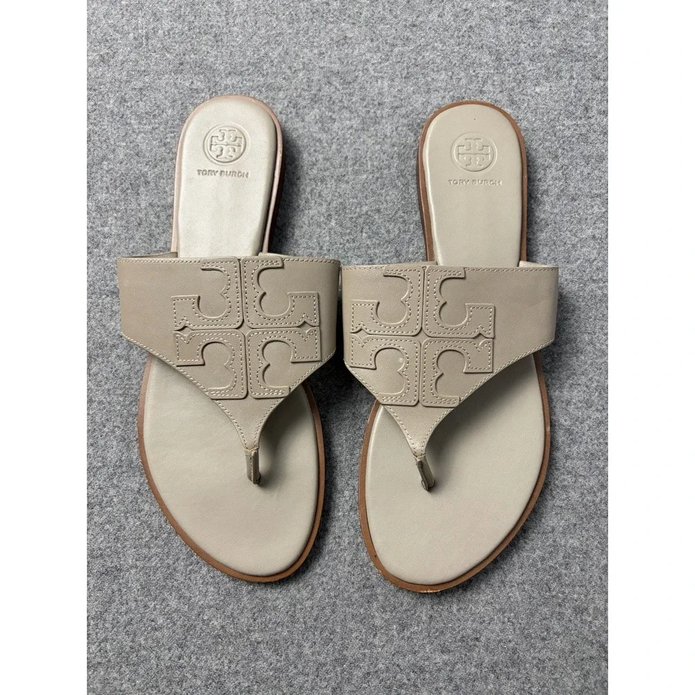 Tory Burch Womens Leather Thong Sandals Taupe Beige Size 8M Embossed Logo